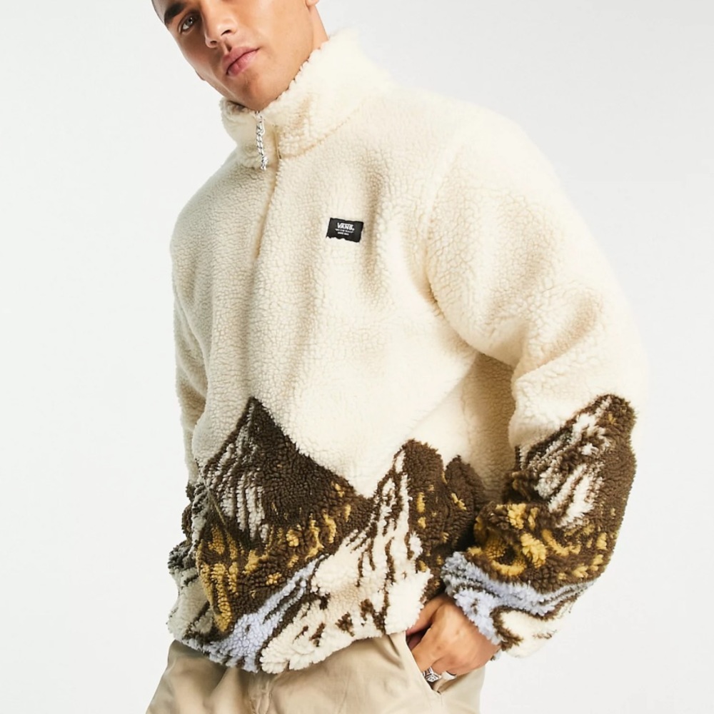 Vans Cream and Brown Sherpa Mountain Zip-Up Sweater
